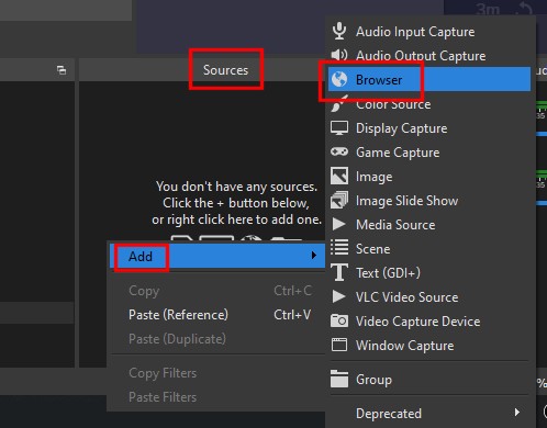 screenshot of how to add a browser source in obs studio