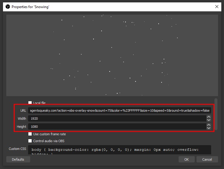 screenshot of how changing the url in a browser source in obs studio