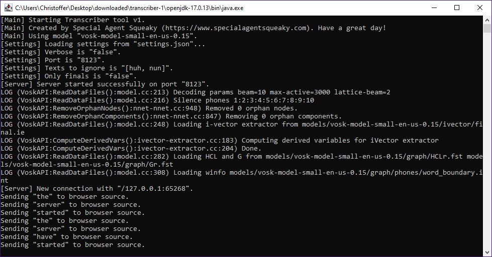 screenshot of the running transcribe server