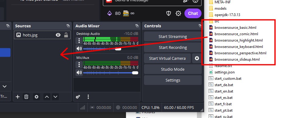 screenshot of drag and dropping the html files as browser sources in obs studio